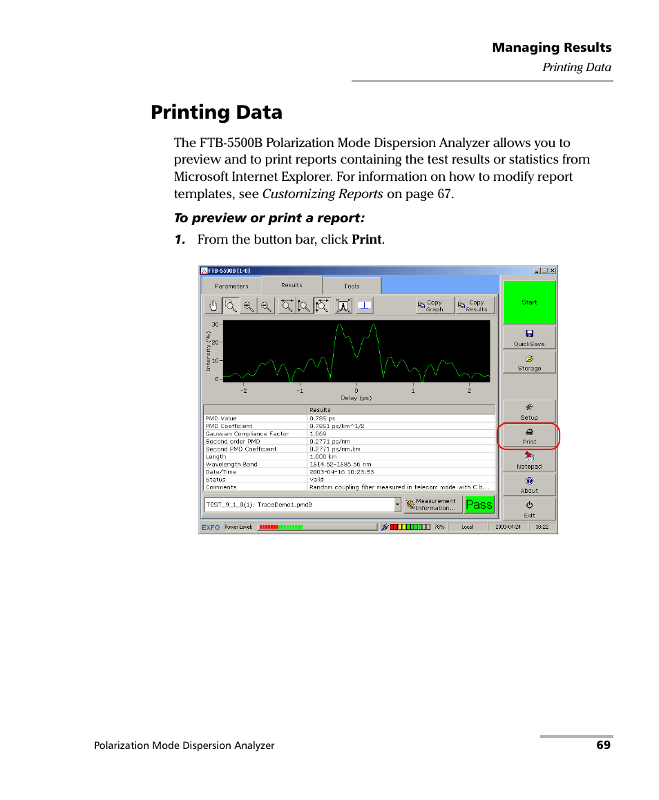 Printing data | EXFO FTB-5500B PMD Analyzer User Manual | Page 77 / 121