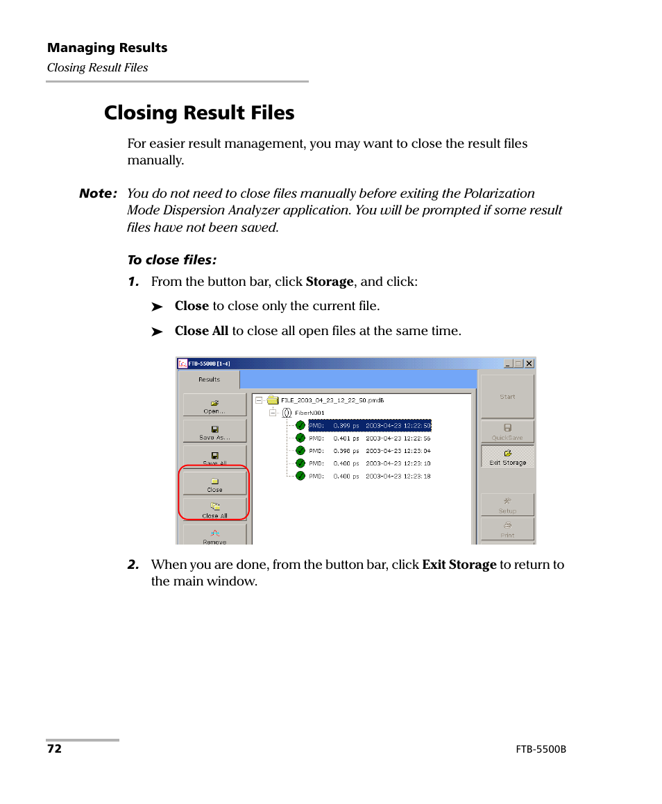 Closing result files | EXFO FTB-5500B PMD Analyzer User Manual | Page 80 / 121