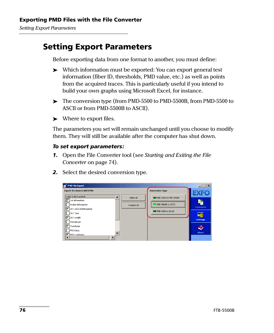 Setting export parameters | EXFO FTB-5500B PMD Analyzer User Manual | Page 84 / 121