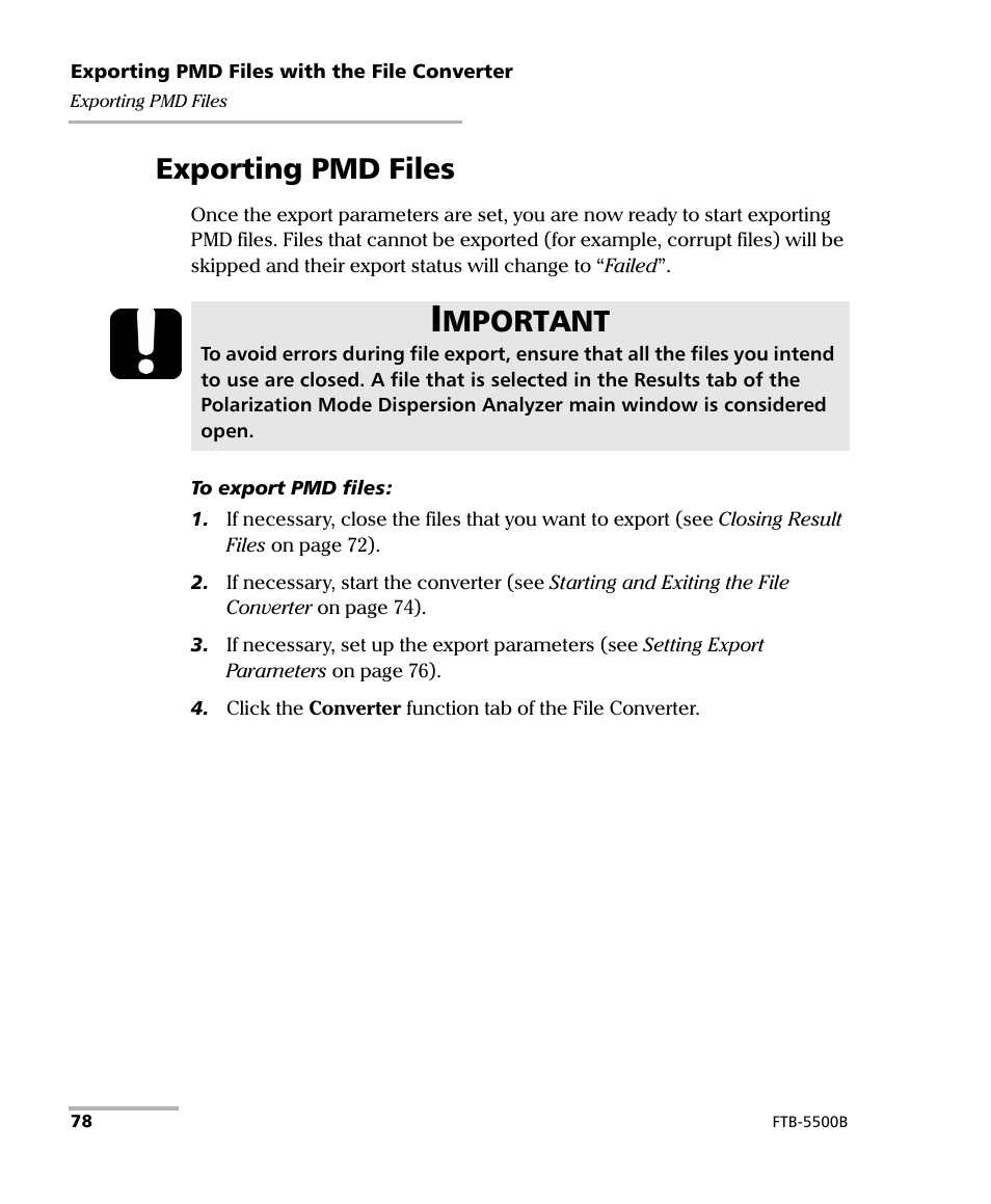 Exporting pmd files, Mportant | EXFO FTB-5500B PMD Analyzer User Manual | Page 86 / 121