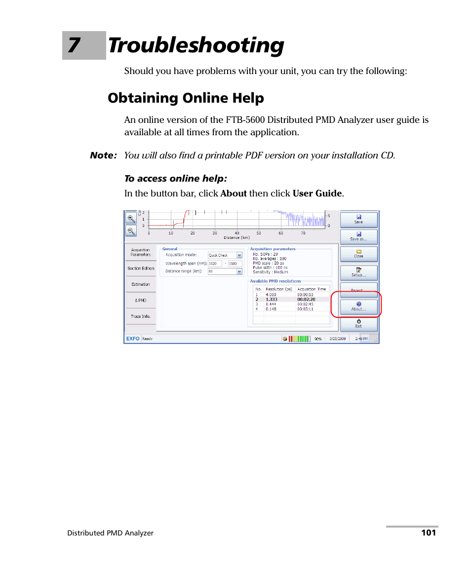 7 troubleshooting, Obtaining online help, 7troubleshooting | EXFO FTB-5600 Distributed PMD Analyzer User Manual | Page 107 / 146