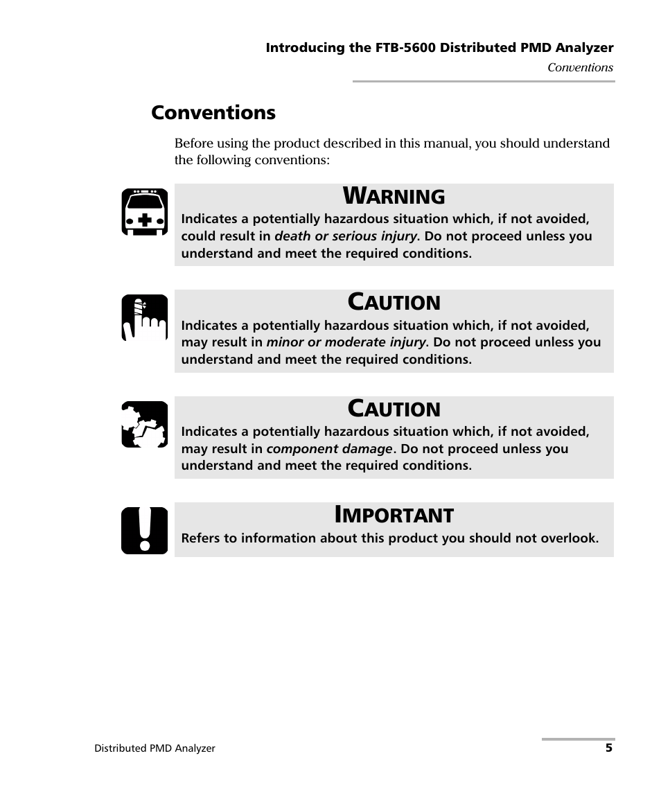 Conventions, Arning, Aution | Mportant | EXFO FTB-5600 Distributed PMD Analyzer User Manual | Page 11 / 146