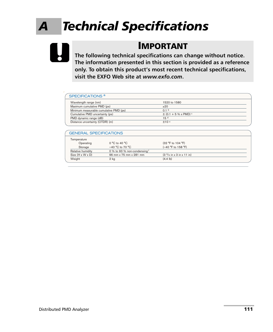 A technical specifications, Mportant | EXFO FTB-5600 Distributed PMD Analyzer User Manual | Page 117 / 146