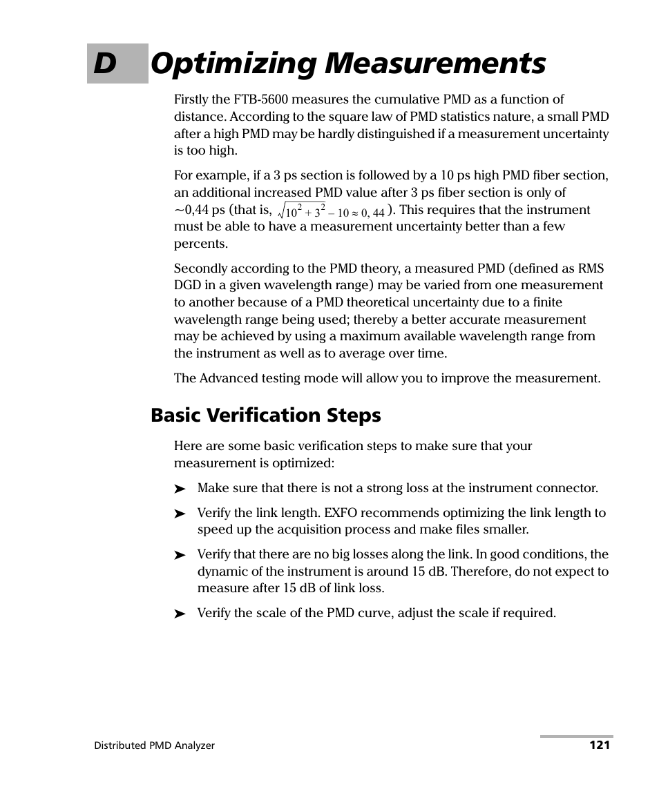 D optimizing measurements, Basic verification steps | EXFO FTB-5600 Distributed PMD Analyzer User Manual | Page 127 / 146