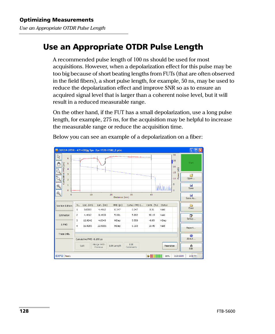 Use an appropriate otdr pulse length, Use an appropriate otdr pulse length on | EXFO FTB-5600 Distributed PMD Analyzer User Manual | Page 134 / 146