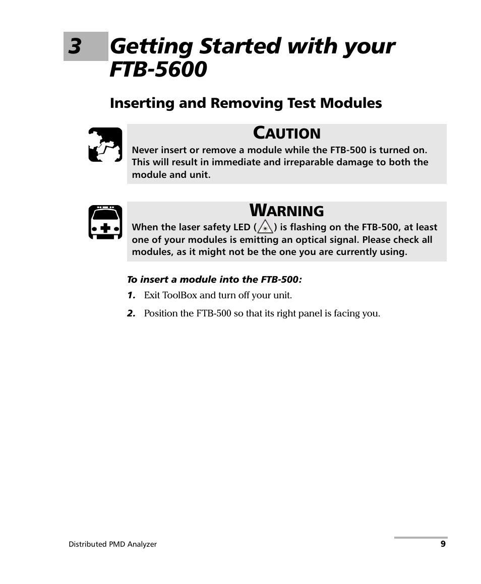 3 getting started with your ftb-5600, Inserting and removing test modules | EXFO FTB-5600 Distributed PMD Analyzer User Manual | Page 15 / 146