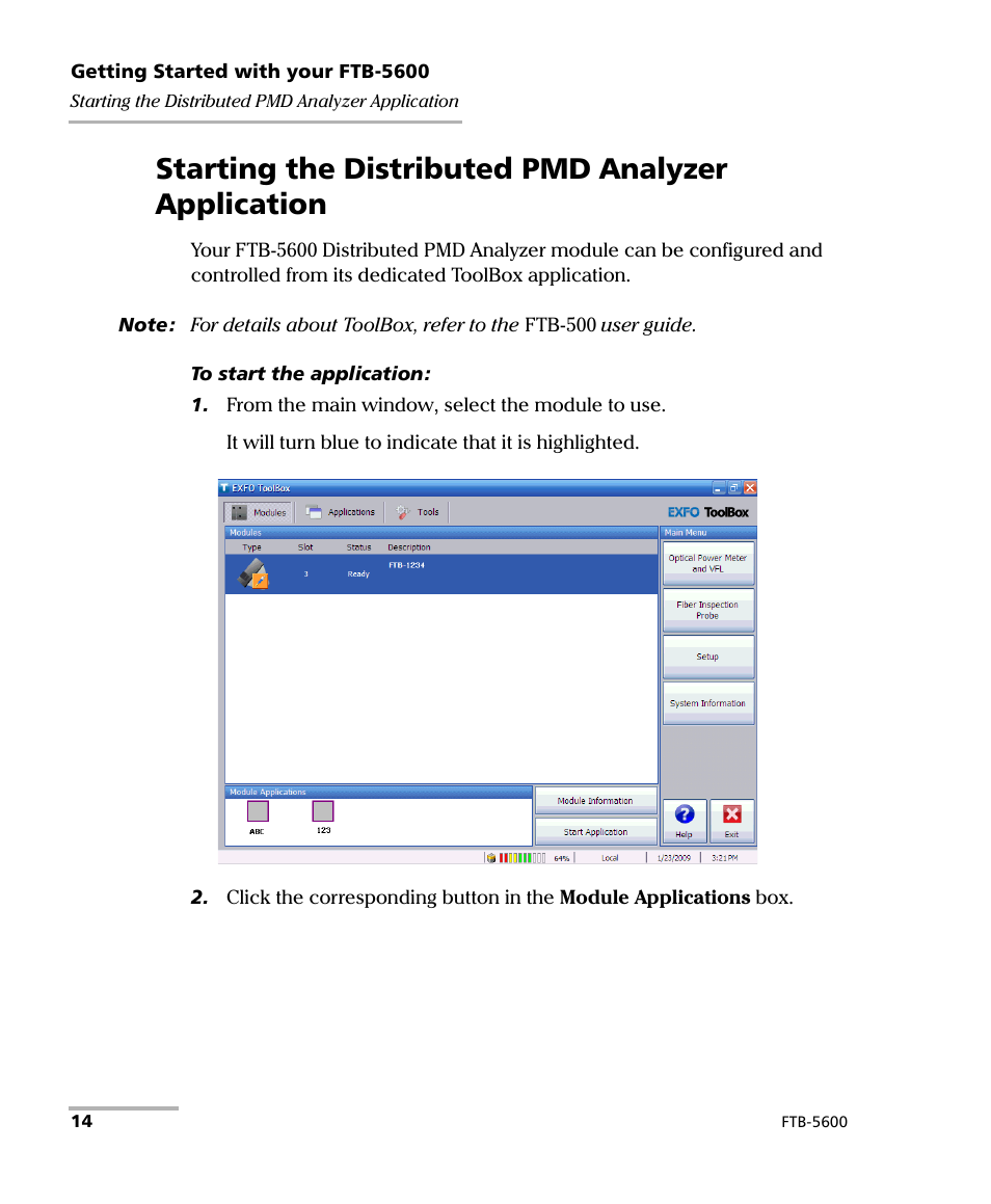 Starting the distributed pmd analyzer application | EXFO FTB-5600 Distributed PMD Analyzer User Manual | Page 20 / 146