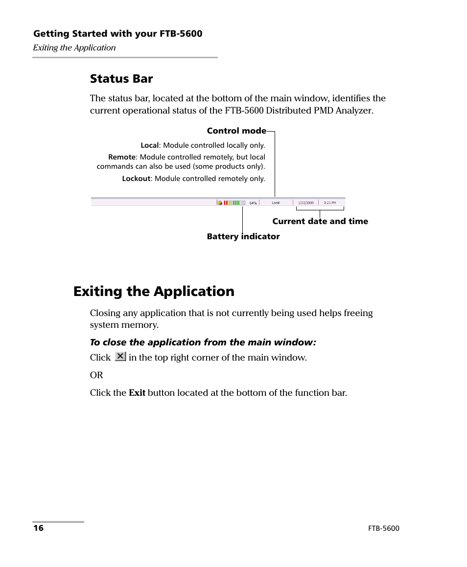 Exiting the application, Status bar | EXFO FTB-5600 Distributed PMD Analyzer User Manual | Page 22 / 146