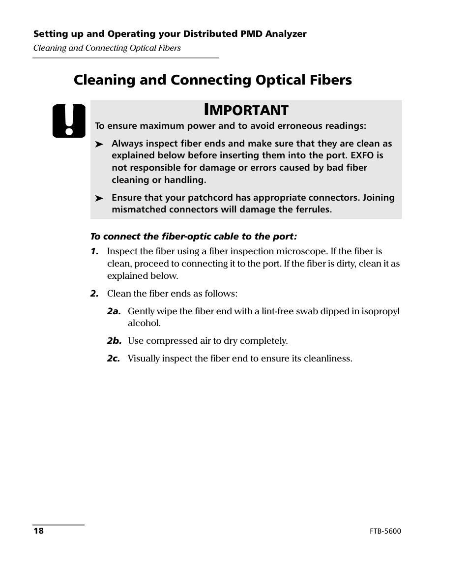 Cleaning and connecting optical fibers, Mportant | EXFO FTB-5600 Distributed PMD Analyzer User Manual | Page 24 / 146