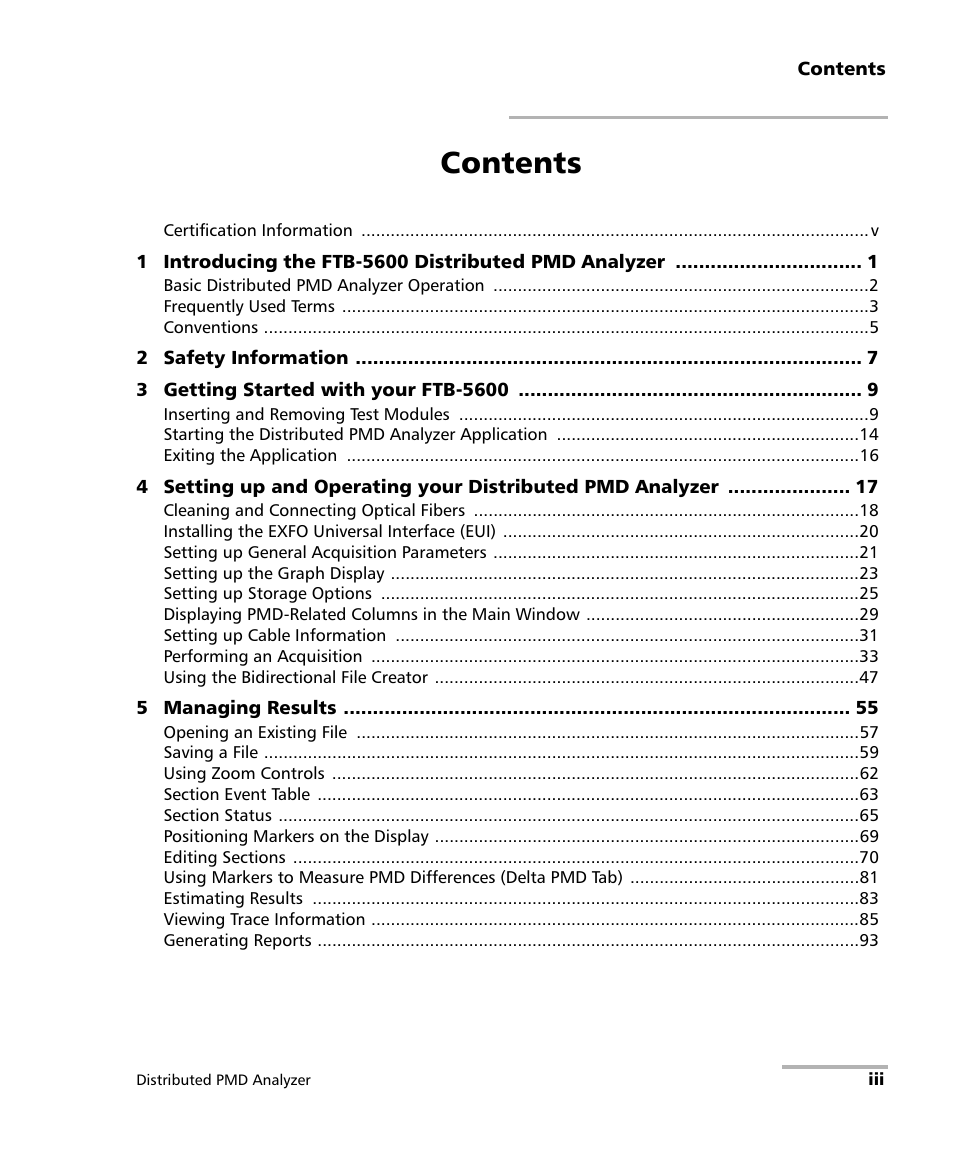 EXFO FTB-5600 Distributed PMD Analyzer User Manual | Page 3 / 146