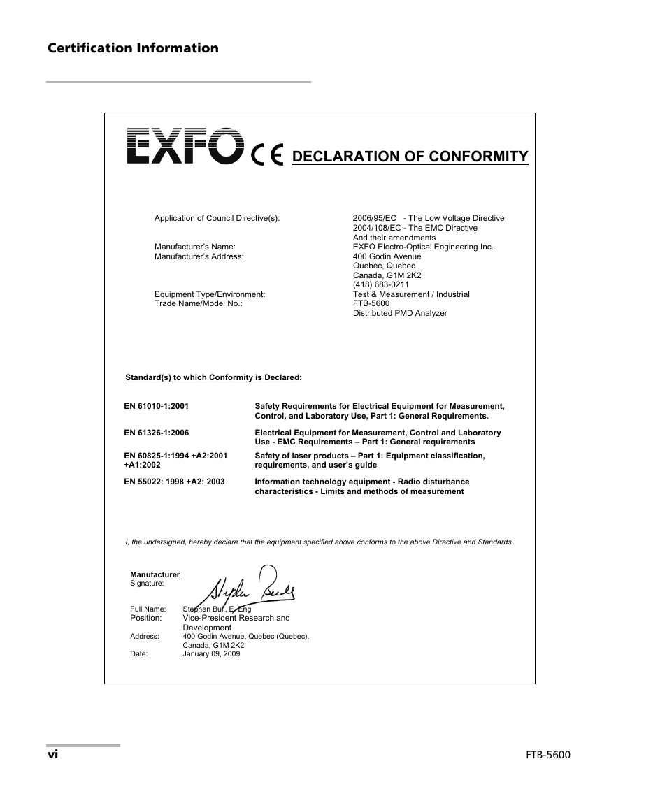Declaration of conformity, Certification information, Ftb-5600 | EXFO FTB-5600 Distributed PMD Analyzer User Manual | Page 6 / 146