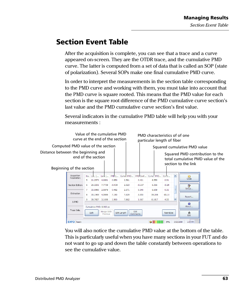 Section event table | EXFO FTB-5600 Distributed PMD Analyzer User Manual | Page 69 / 146