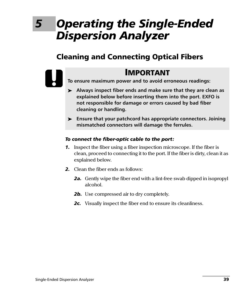 5 operating the single-ended dispersion analyzer, Cleaning and connecting optical fibers, 5operating the single-ended dispersion analyzer | Mportant | EXFO FTB-5700 Single Ended Dispersion Analyzer for FTB-200 v2 User Manual | Page 45 / 96