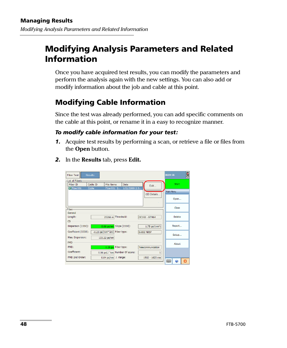 Modifying cable information | EXFO FTB-5700 Single Ended Dispersion Analyzer for FTB-200 v2 User Manual | Page 54 / 96