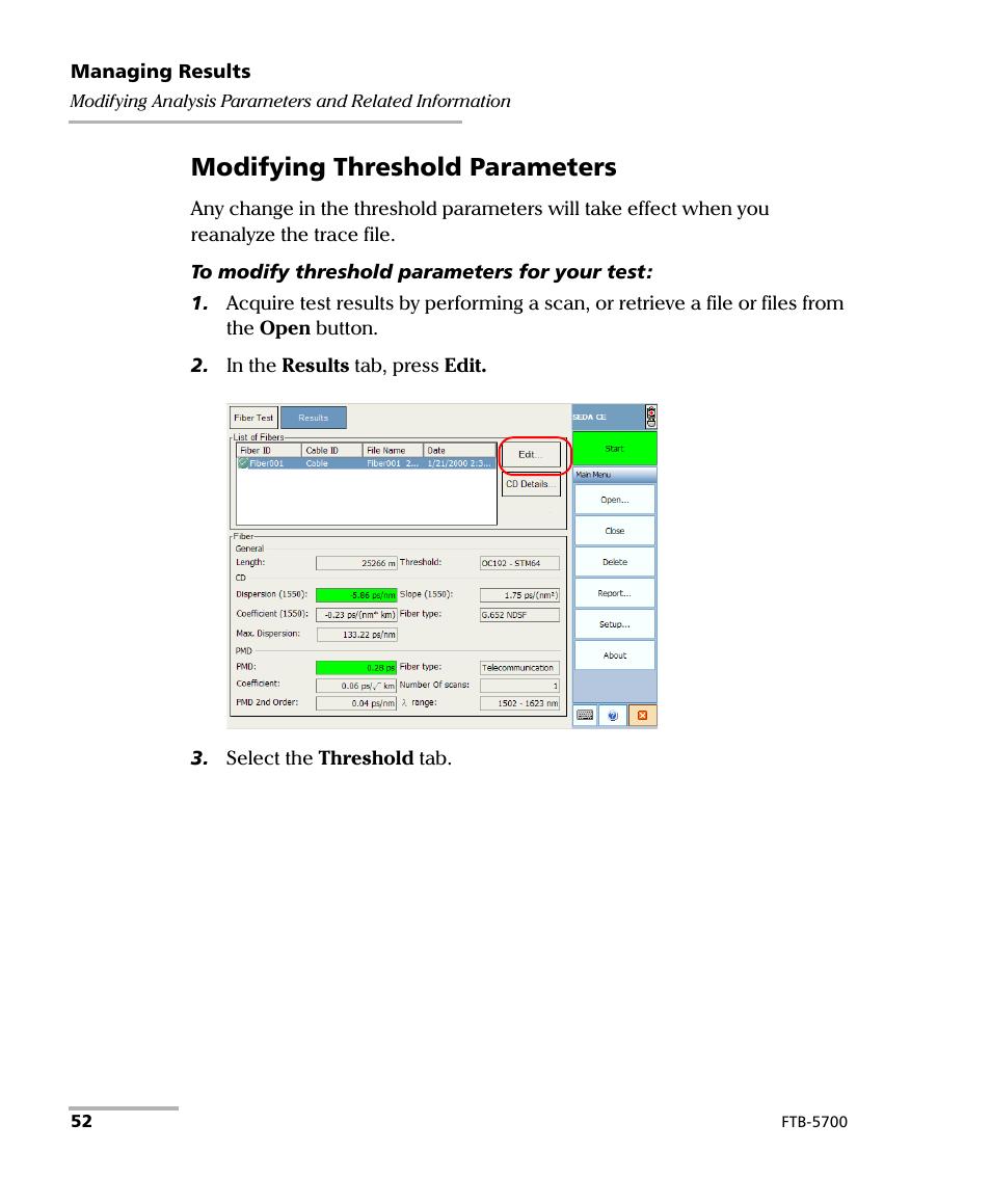 Modifying threshold parameters | EXFO FTB-5700 Single Ended Dispersion Analyzer for FTB-200 v2 User Manual | Page 58 / 96