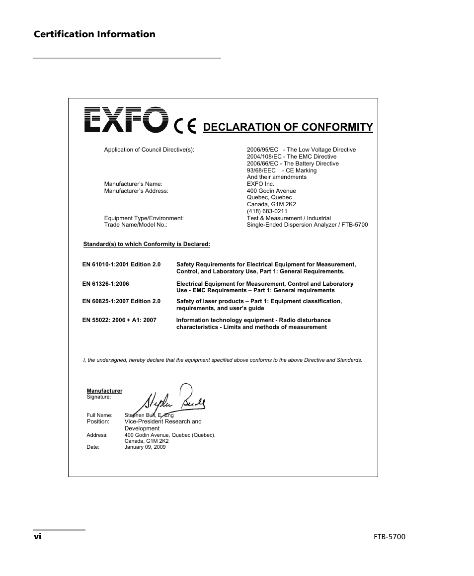 Declaration of conformity, Certification information, Ftb-5700 | EXFO FTB-5700 Single Ended Dispersion Analyzer for FTB-200 v2 User Manual | Page 6 / 96