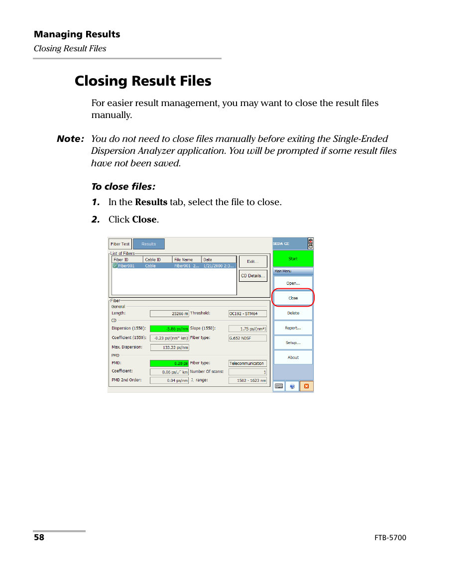 Closing result files | EXFO FTB-5700 Single Ended Dispersion Analyzer for FTB-200 v2 User Manual | Page 64 / 96