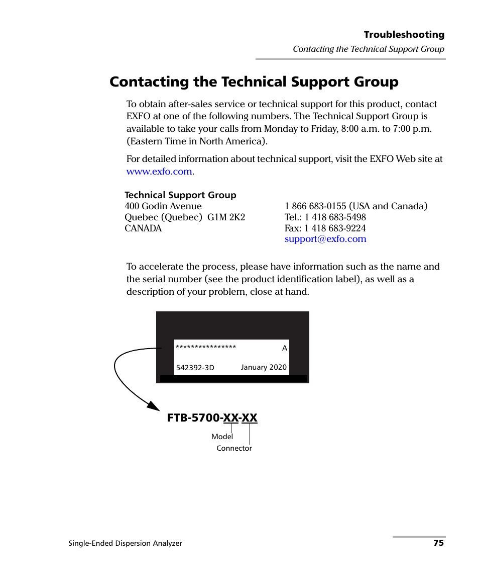 Contacting the technical support group, Ftb-5700-xx-xx | EXFO FTB-5700 Single Ended Dispersion Analyzer for FTB-200 v2 User Manual | Page 81 / 96