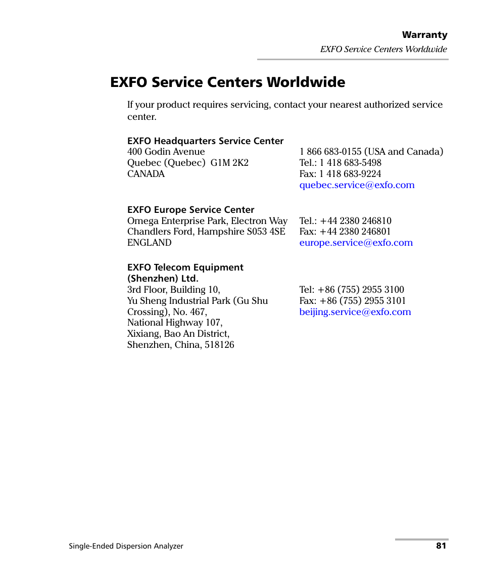 Exfo service centers worldwide | EXFO FTB-5700 Single Ended Dispersion Analyzer for FTB-200 v2 User Manual | Page 87 / 96
