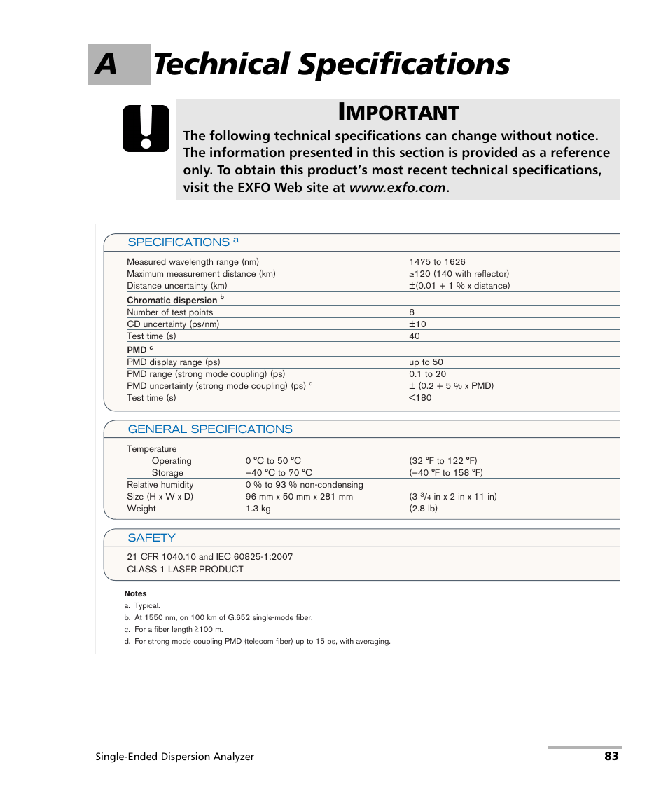A technical specifications, Mportant | EXFO FTB-5700 Single Ended Dispersion Analyzer for FTB-200 v2 User Manual | Page 89 / 96