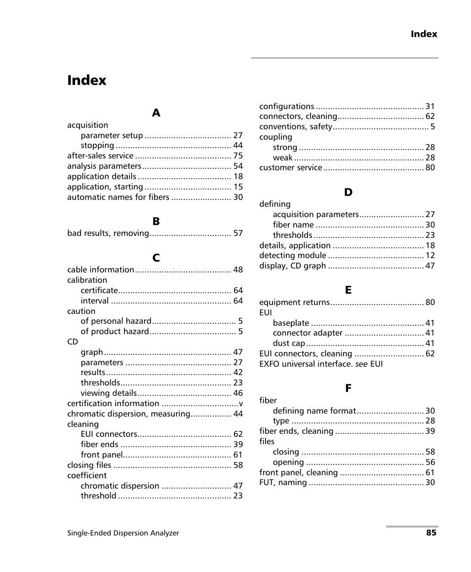Index | EXFO FTB-5700 Single Ended Dispersion Analyzer for FTB-200 v2 User Manual | Page 91 / 96