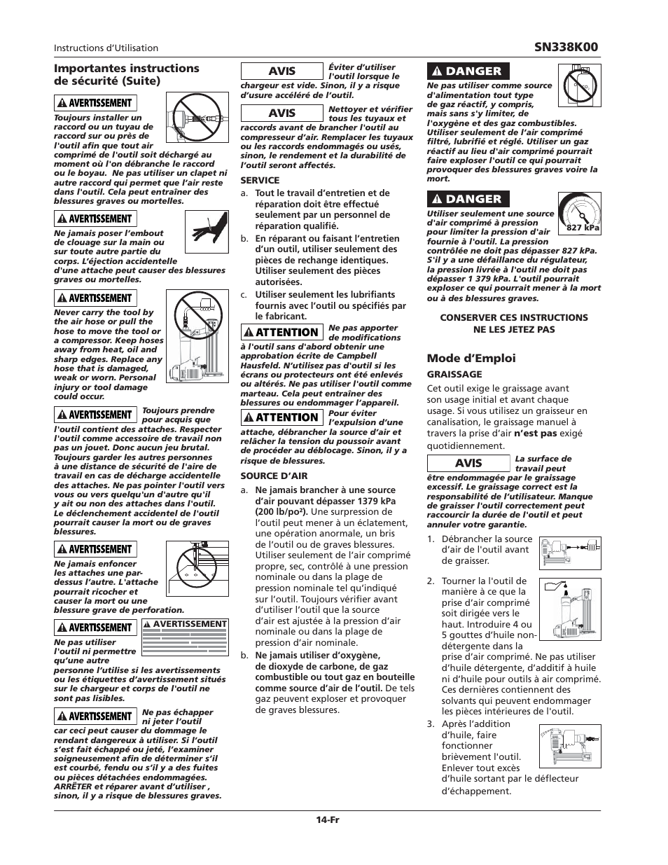 Importantes instructions de sécurité (suite), Mode d’emploi | Campbell Hausfeld IN729300AV User Manual | Page 14 / 32
