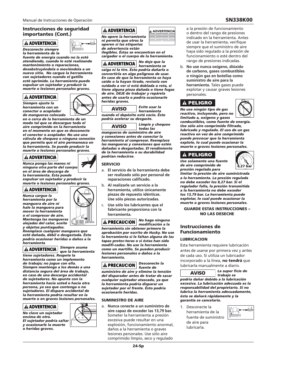 Instrucciones de funcionamiento, Instrucciones de seguridad importantes (cont.) | Campbell Hausfeld IN729300AV User Manual | Page 24 / 32