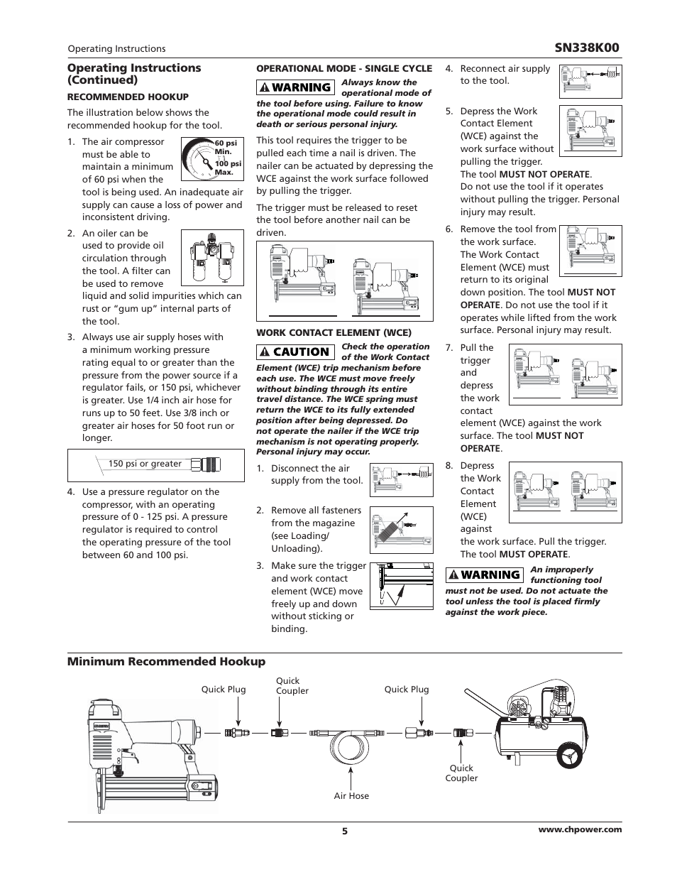 Operating instructions (continued), Minimum recommended hookup | Campbell Hausfeld IN729300AV User Manual | Page 5 / 32