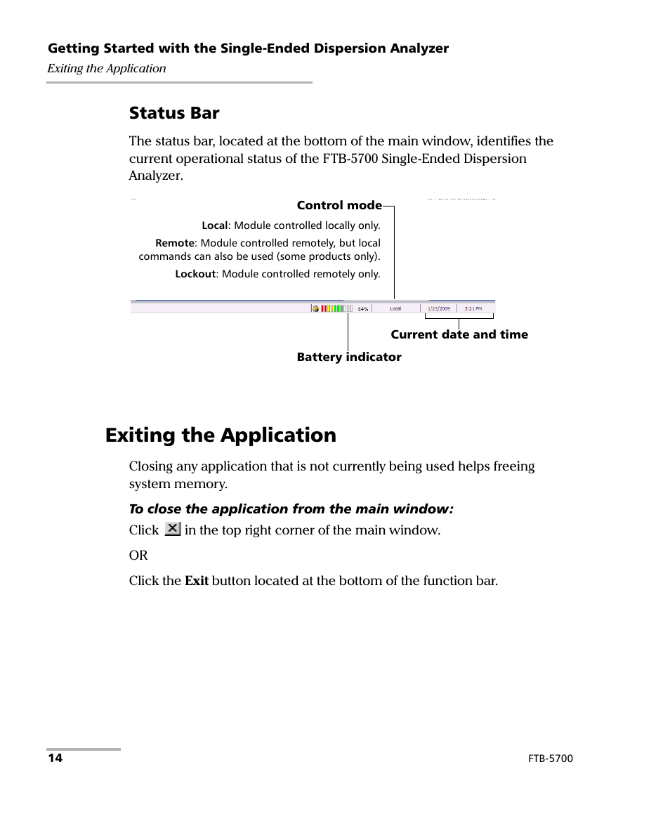 Exiting the application, Status bar | EXFO FTB-5700 Single Ended Dispersion Analyzer for FTB-500 User Manual | Page 20 / 94