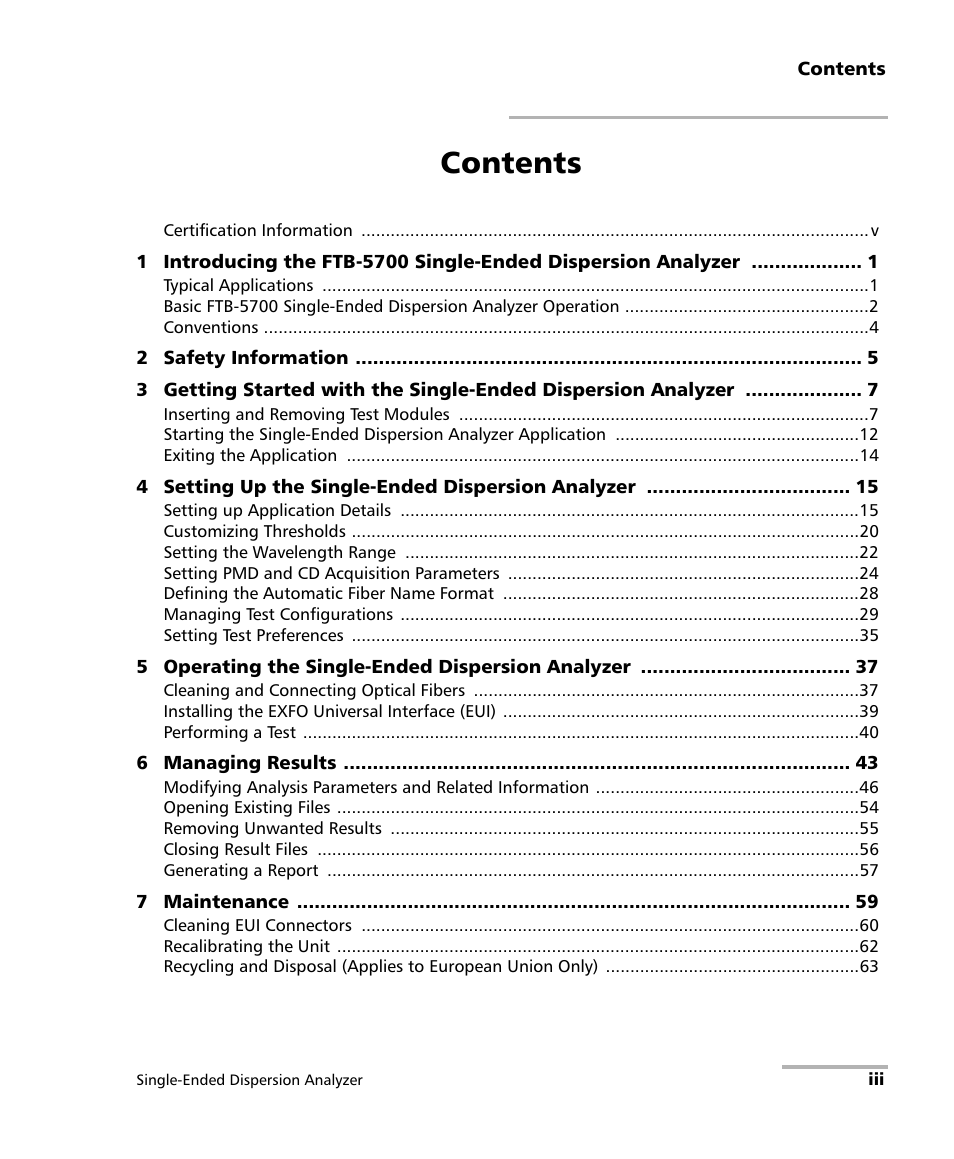 EXFO FTB-5700 Single Ended Dispersion Analyzer for FTB-500 User Manual | Page 3 / 94