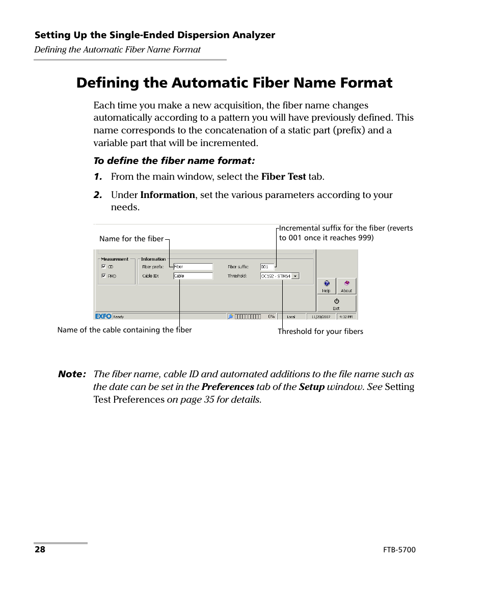 Defining the automatic fiber name format | EXFO FTB-5700 Single Ended Dispersion Analyzer for FTB-500 User Manual | Page 34 / 94