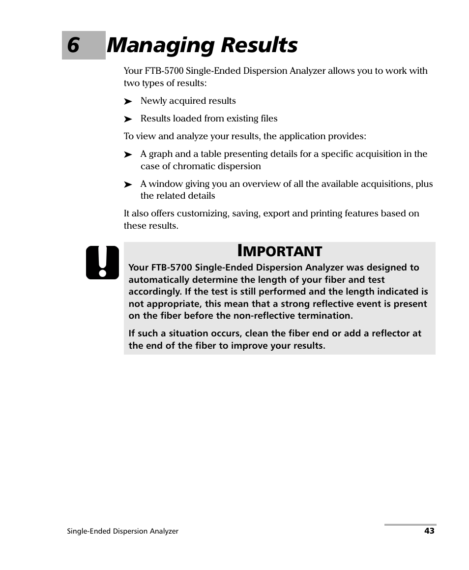 6 managing results, 6managing results, Mportant | EXFO FTB-5700 Single Ended Dispersion Analyzer for FTB-500 User Manual | Page 49 / 94