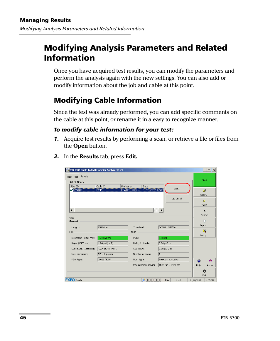 Modifying cable information | EXFO FTB-5700 Single Ended Dispersion Analyzer for FTB-500 User Manual | Page 52 / 94