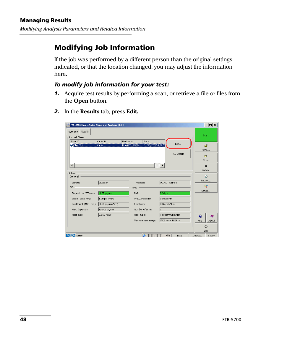 Modifying job information | EXFO FTB-5700 Single Ended Dispersion Analyzer for FTB-500 User Manual | Page 54 / 94