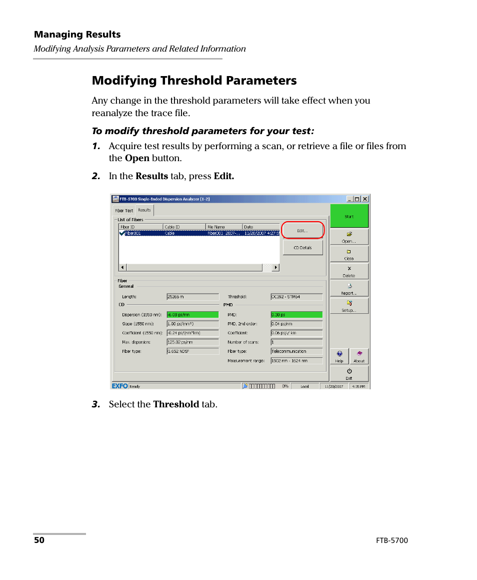 Modifying threshold parameters | EXFO FTB-5700 Single Ended Dispersion Analyzer for FTB-500 User Manual | Page 56 / 94