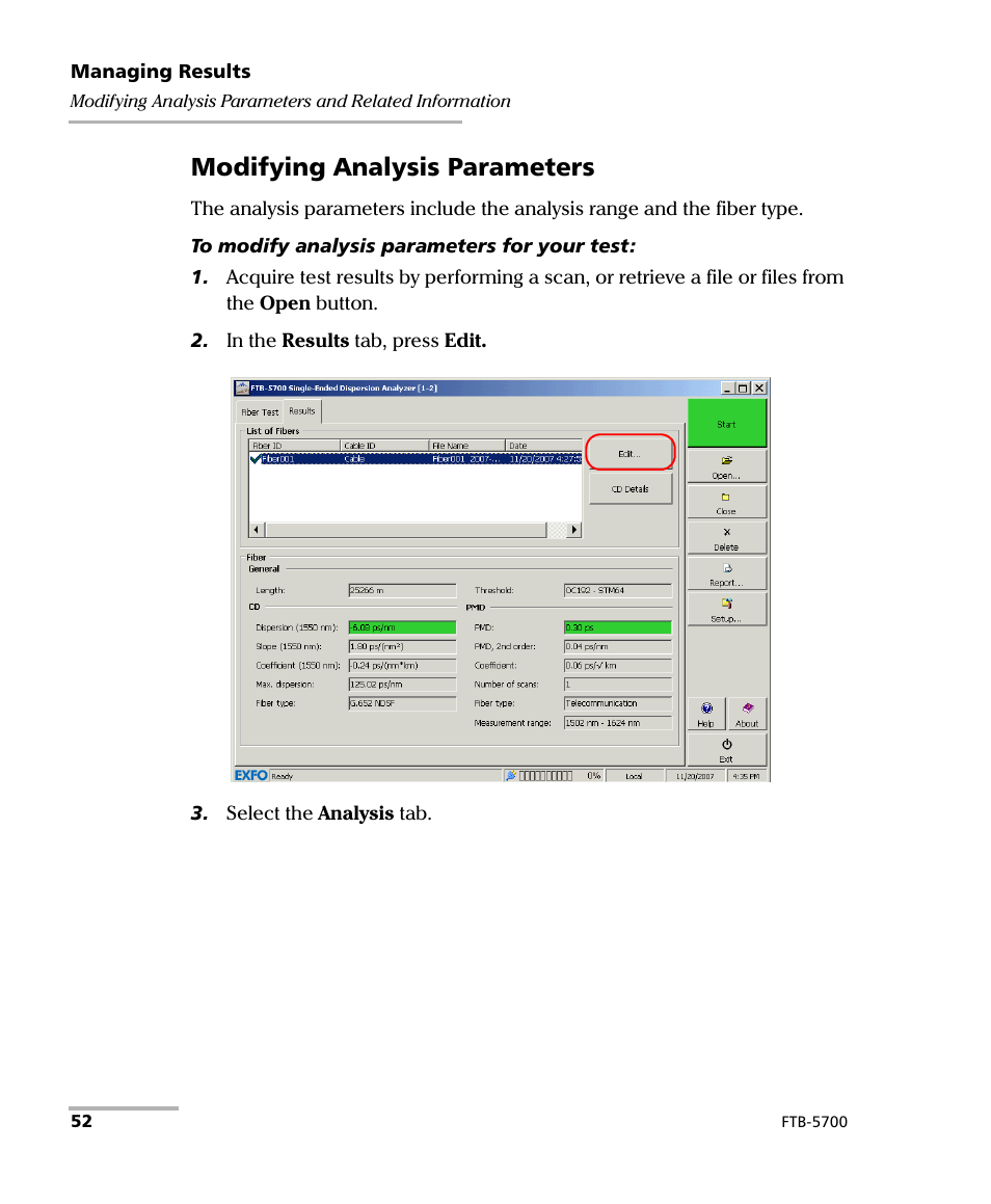 Modifying analysis parameters | EXFO FTB-5700 Single Ended Dispersion Analyzer for FTB-500 User Manual | Page 58 / 94