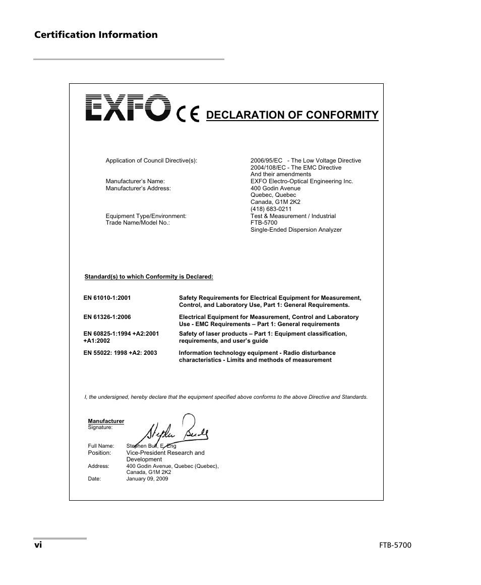 Declaration of conformity, Certification information, Ftb-5700 | EXFO FTB-5700 Single Ended Dispersion Analyzer for FTB-500 User Manual | Page 6 / 94