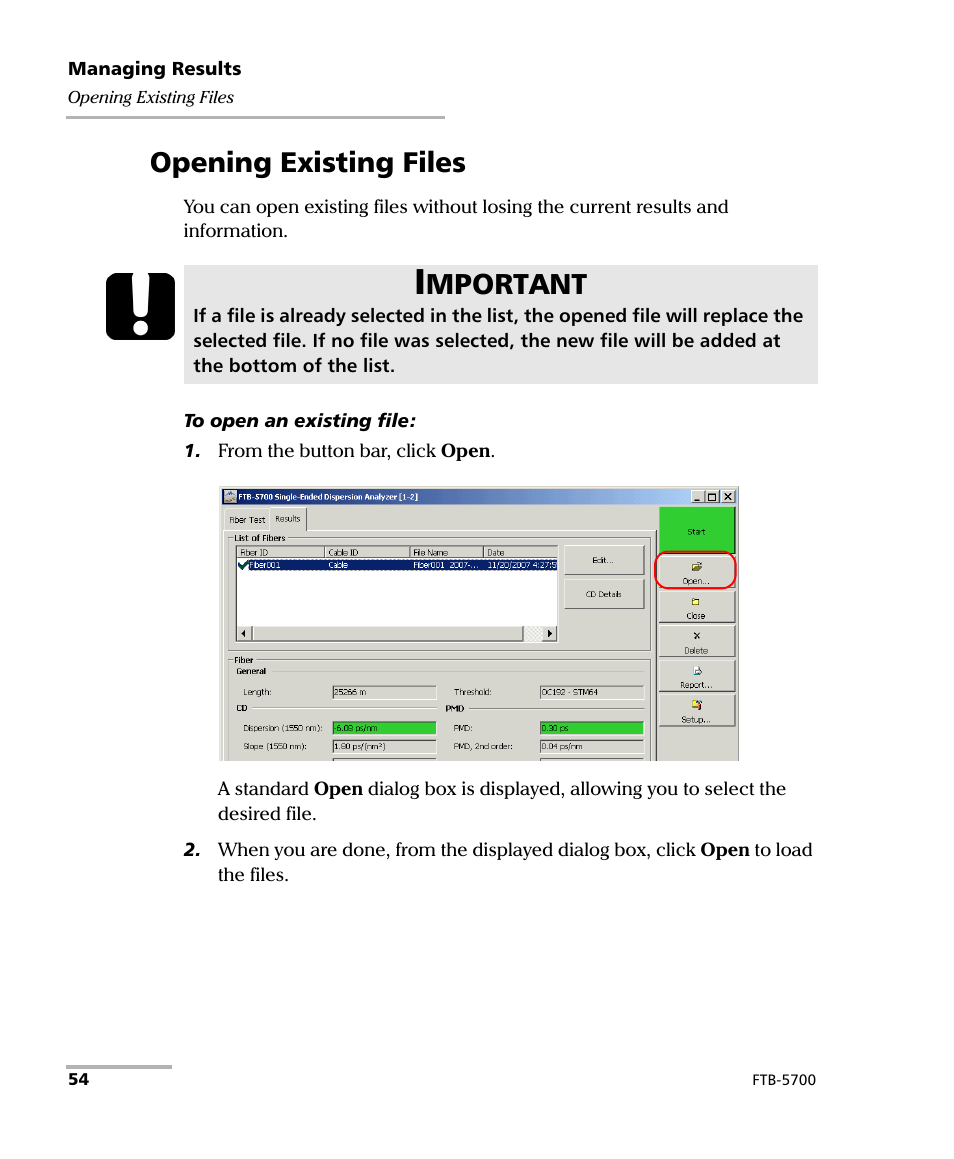 Opening existing files, Mportant | EXFO FTB-5700 Single Ended Dispersion Analyzer for FTB-500 User Manual | Page 60 / 94