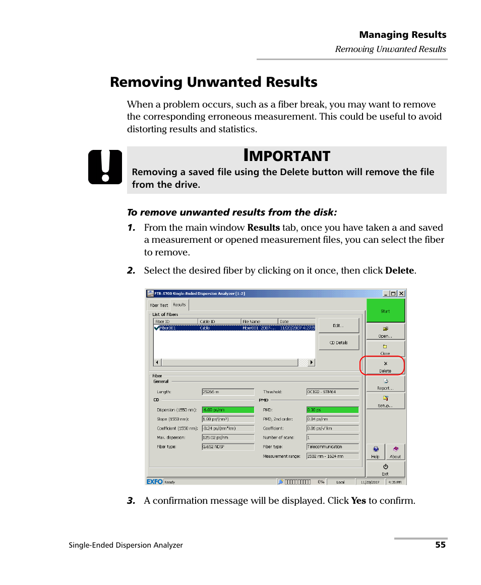 Removing unwanted results, Mportant | EXFO FTB-5700 Single Ended Dispersion Analyzer for FTB-500 User Manual | Page 61 / 94