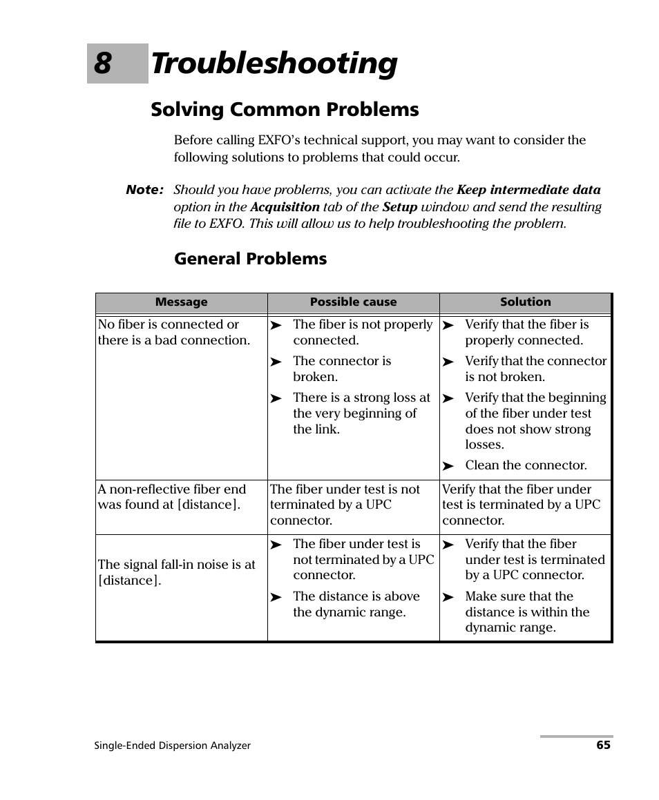 8 troubleshooting, Solving common problems, 8troubleshooting | General problems | EXFO FTB-5700 Single Ended Dispersion Analyzer for FTB-500 User Manual | Page 71 / 94