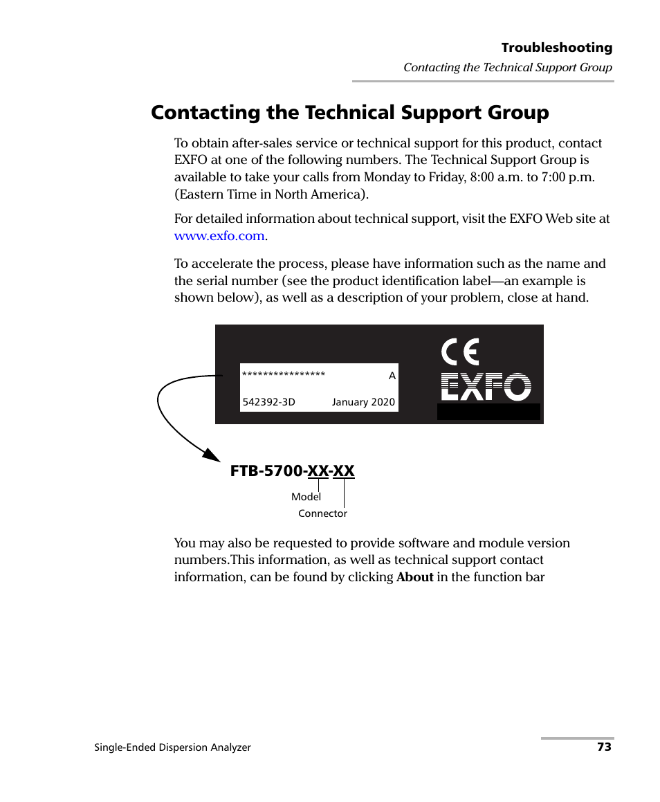 Contacting the technical support group, Ftb-5700-xx-xx | EXFO FTB-5700 Single Ended Dispersion Analyzer for FTB-500 User Manual | Page 79 / 94