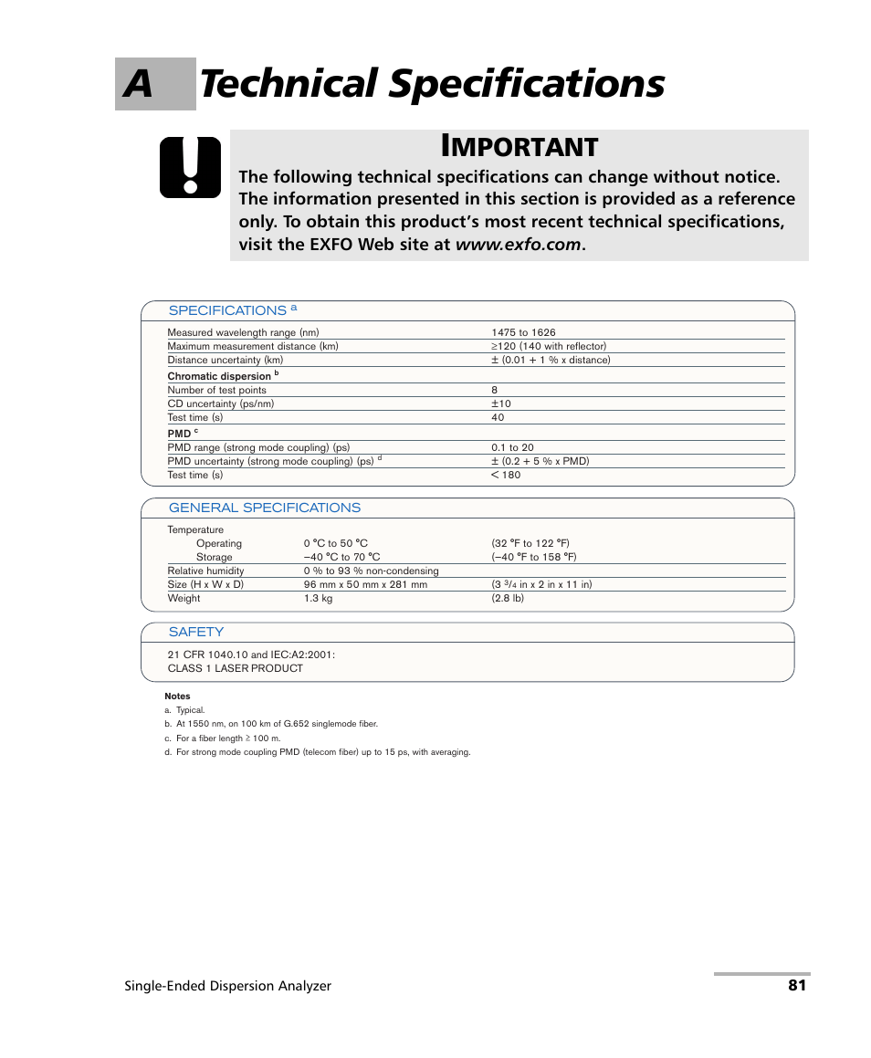 A technical specifications, Mportant | EXFO FTB-5700 Single Ended Dispersion Analyzer for FTB-500 User Manual | Page 87 / 94