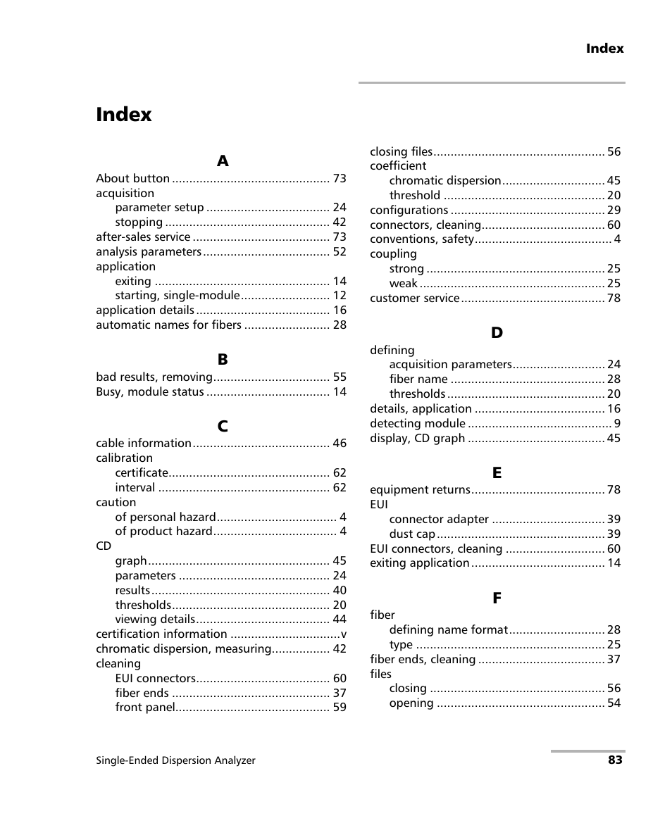 Index | EXFO FTB-5700 Single Ended Dispersion Analyzer for FTB-500 User Manual | Page 89 / 94