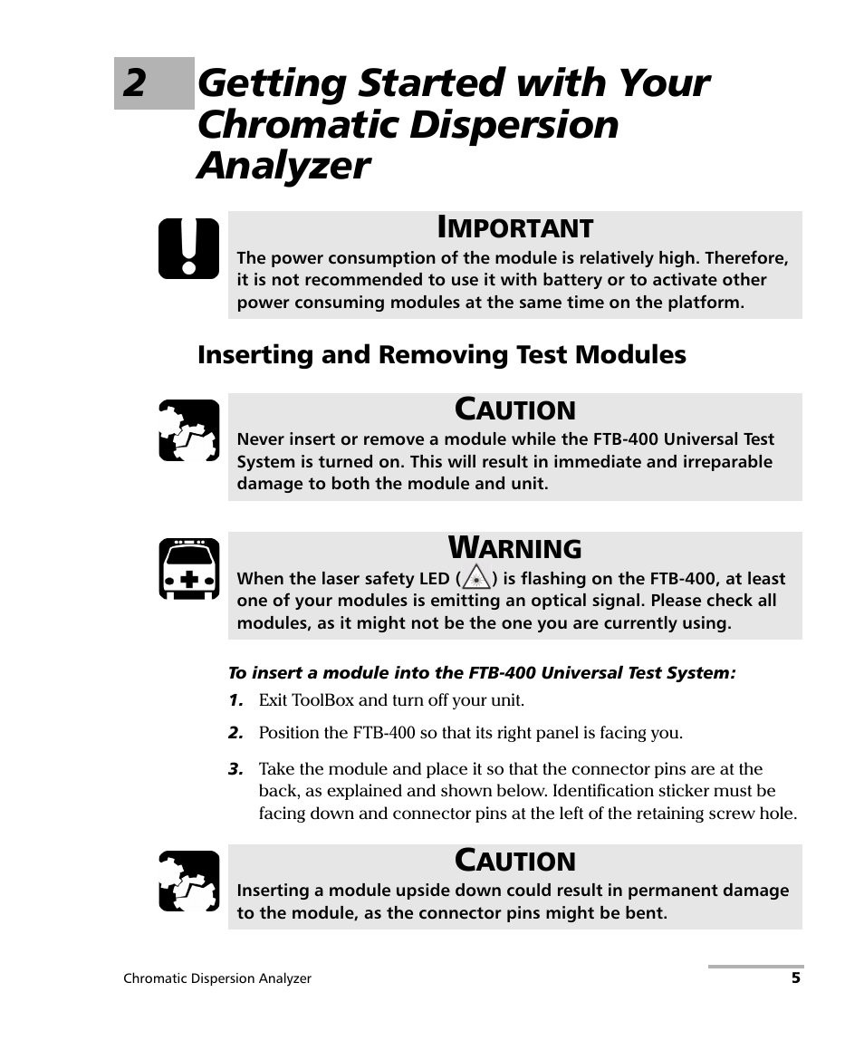 Inserting and removing test modules | EXFO FTB-5800 Chromatic Dispersion Analyzer for FTB-400 User Manual | Page 11 / 103