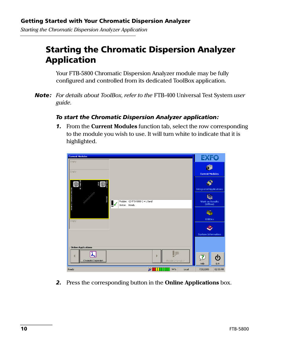 EXFO FTB-5800 Chromatic Dispersion Analyzer for FTB-400 User Manual | Page 16 / 103