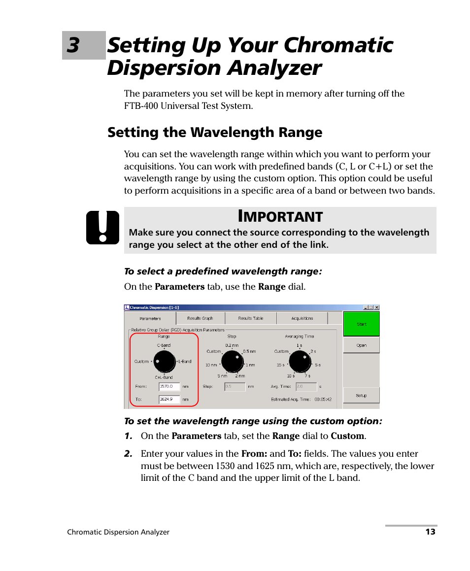 3 setting up your chromatic dispersion analyzer, Setting the wavelength range, 3setting up your chromatic dispersion analyzer | EXFO FTB-5800 Chromatic Dispersion Analyzer for FTB-400 User Manual | Page 19 / 103