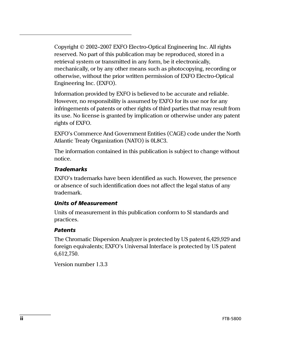 EXFO FTB-5800 Chromatic Dispersion Analyzer for FTB-400 User Manual | Page 2 / 103