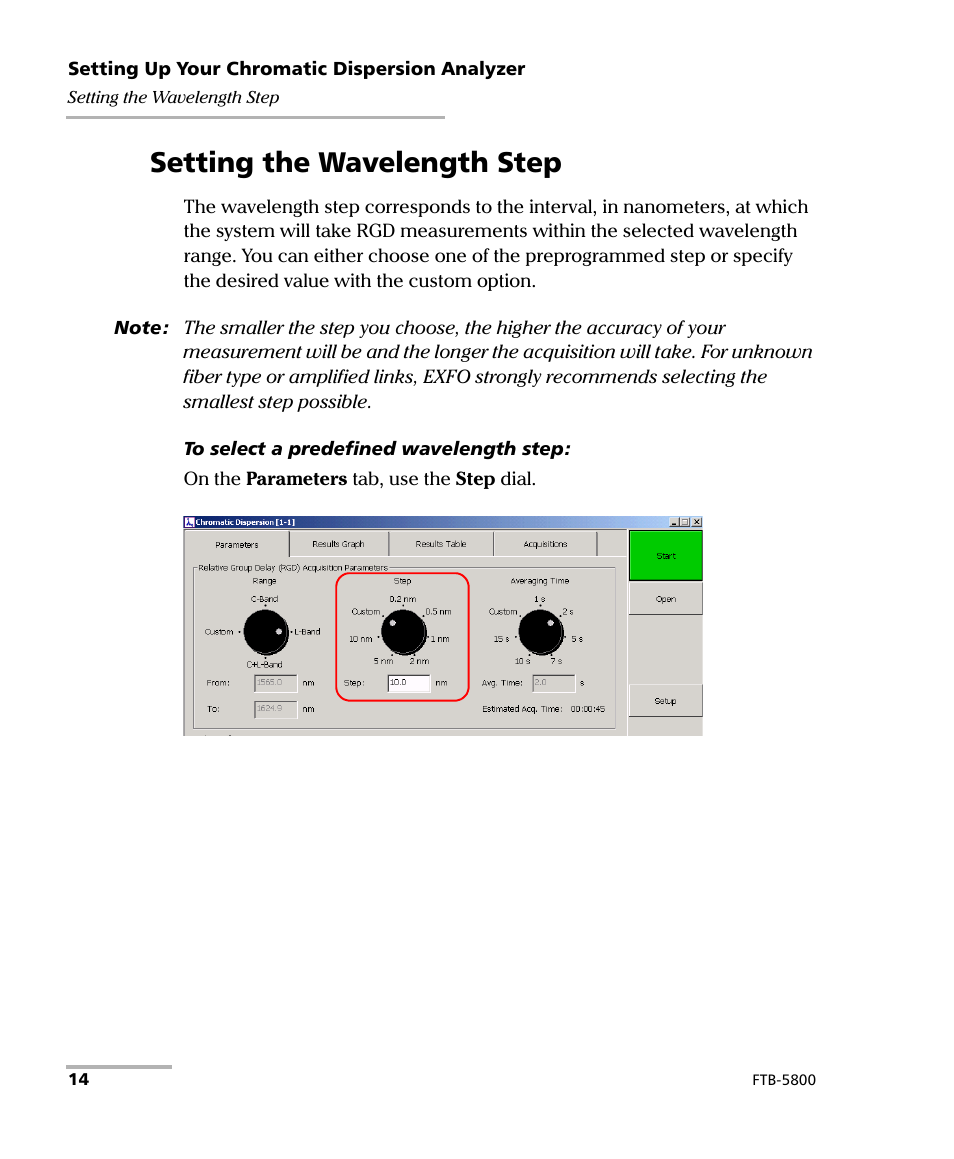 Setting the wavelength step | EXFO FTB-5800 Chromatic Dispersion Analyzer for FTB-400 User Manual | Page 20 / 103