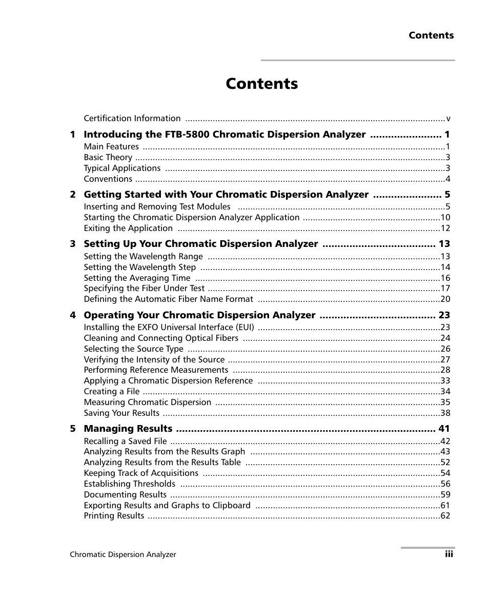 EXFO FTB-5800 Chromatic Dispersion Analyzer for FTB-400 User Manual | Page 3 / 103