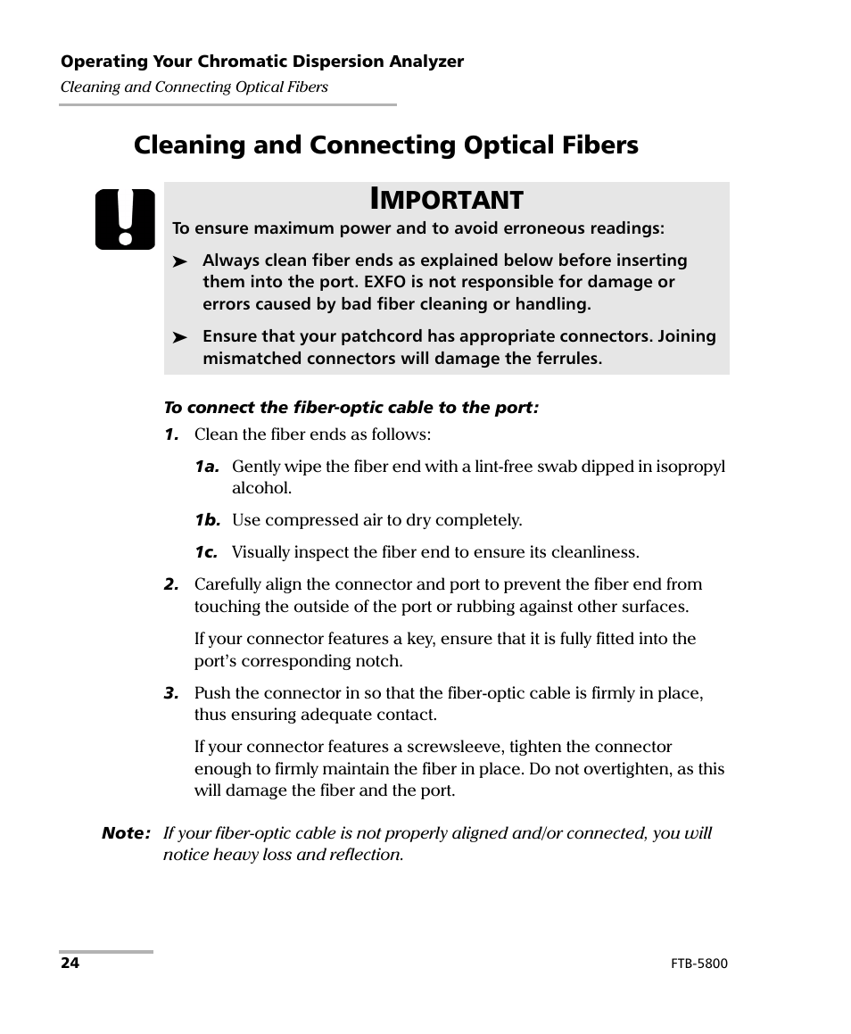 Cleaning and connecting optical fibers, Mportant | EXFO FTB-5800 Chromatic Dispersion Analyzer for FTB-400 User Manual | Page 30 / 103